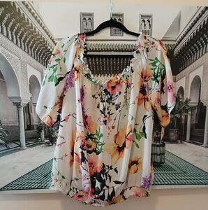 New York & Company Ruffled Off Shoulder Blouse in White and Pink